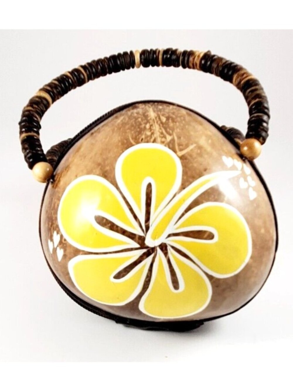 Coconut Shell Handbag With Yellow Floral Design Zipper Closure Wood Bead Handle